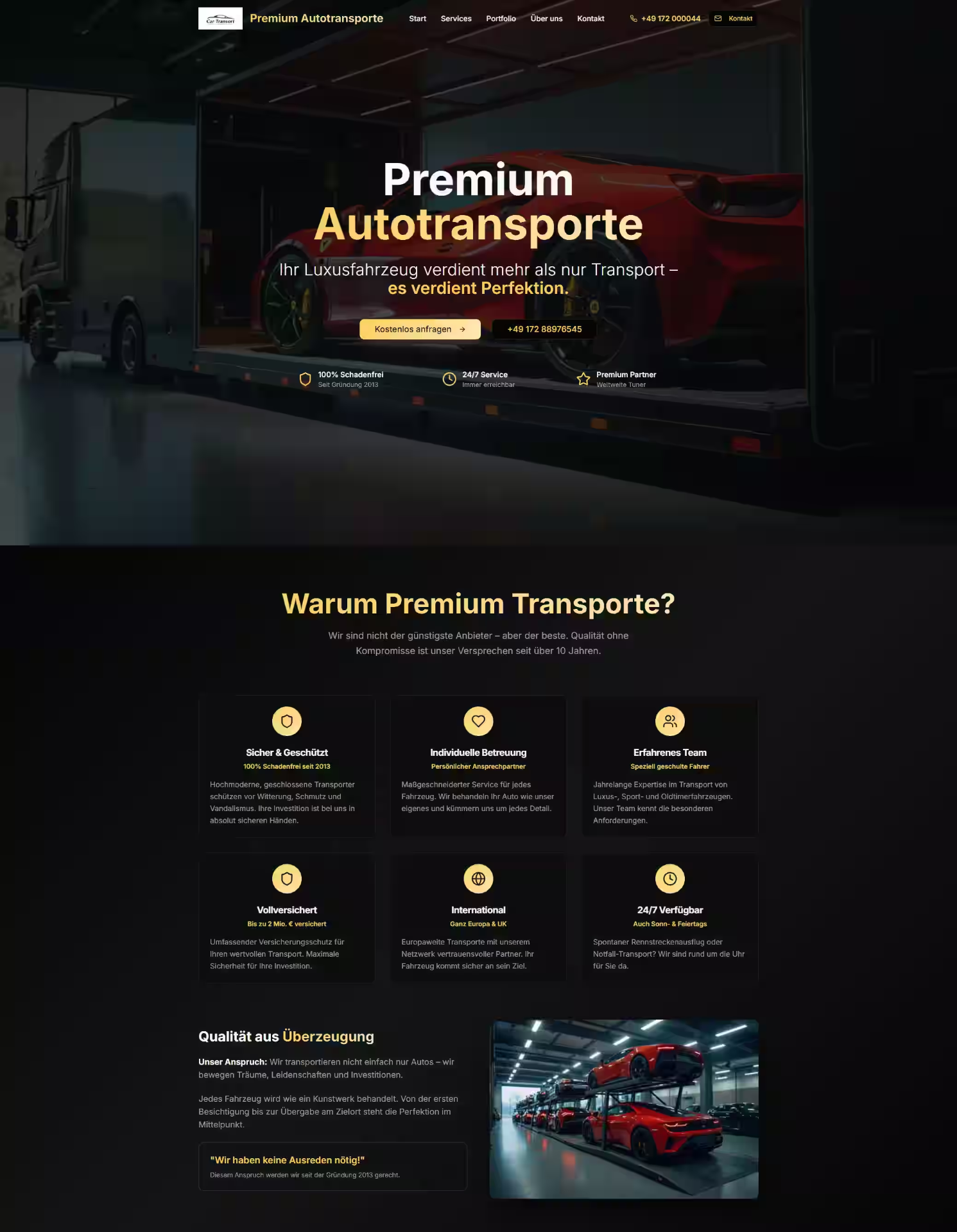 Landing Page für Premium-Autotransporte von Luxusfahrzeugen