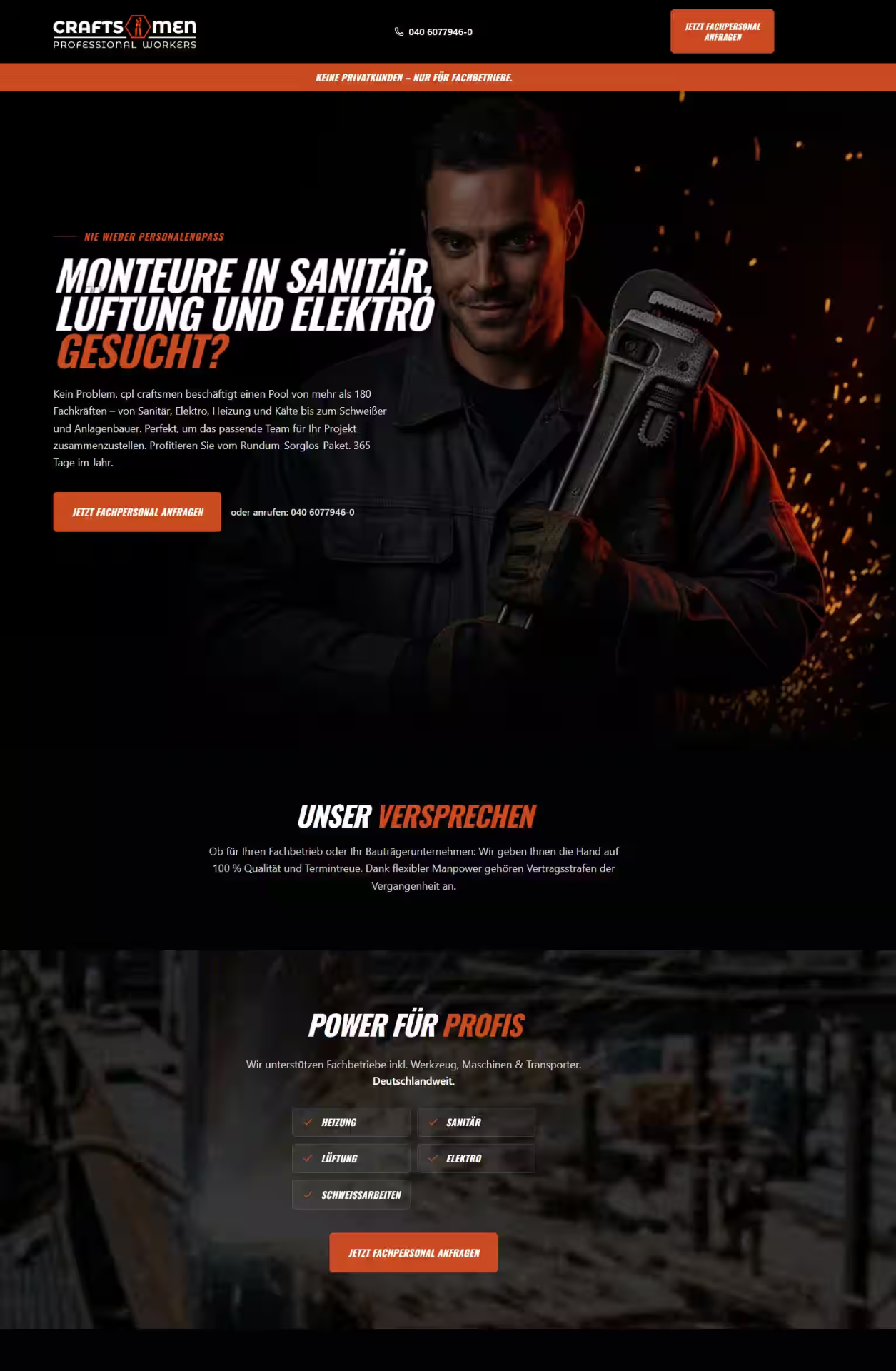 Landing Page für einen Handwerksbetrieb mit Fachpersonal-Vermittlung