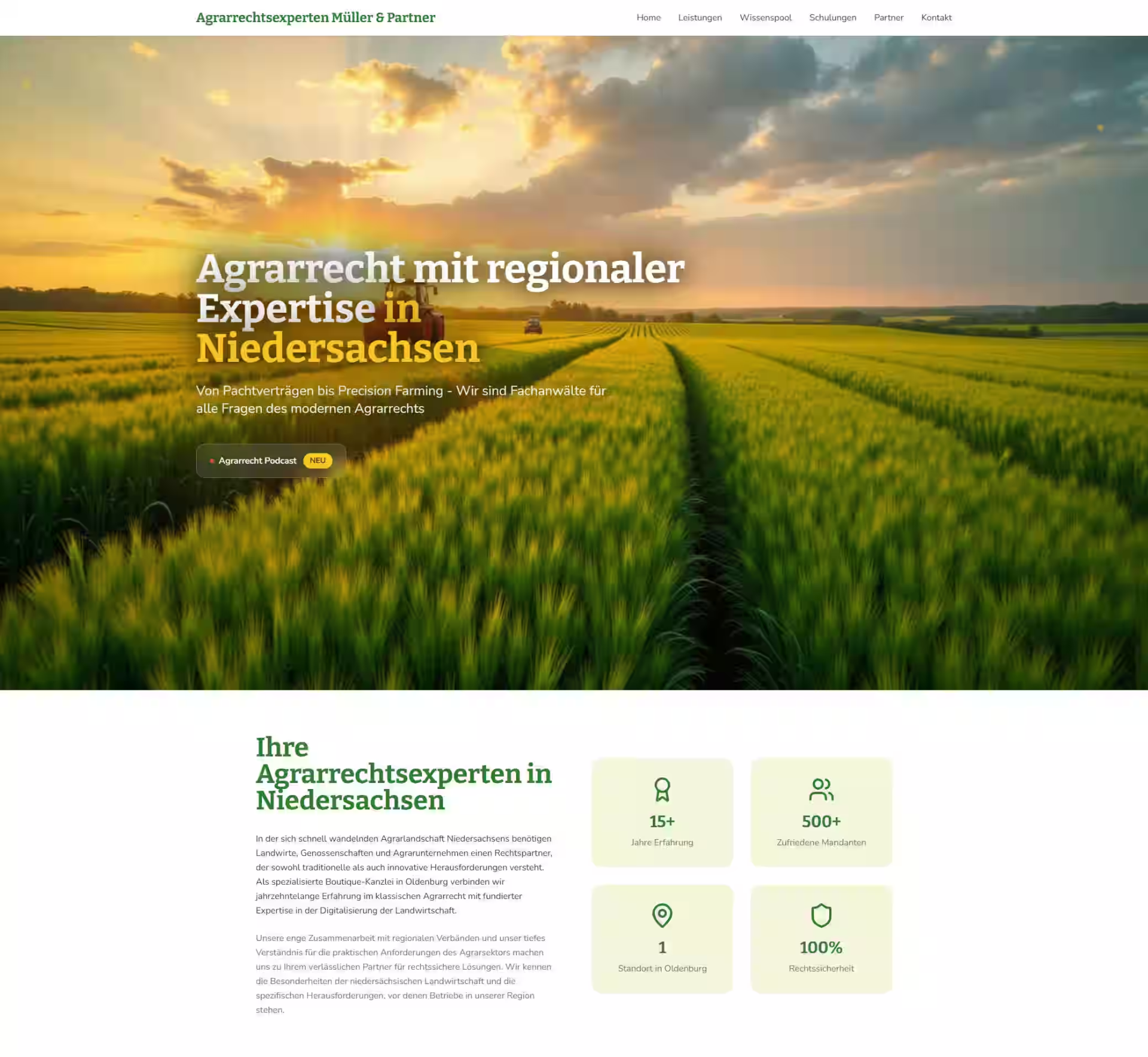 Unternehmenswebsite für eine Kanzlei für Agrarrecht mit regionalem Fokus