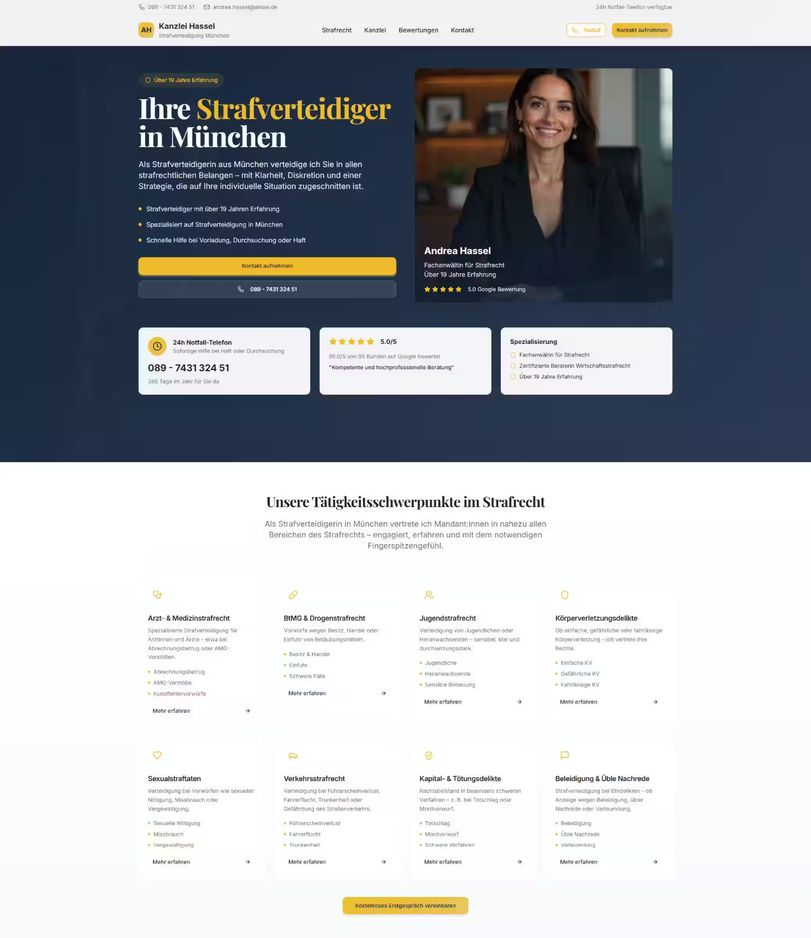 Landing Page für Strafverteidigung in München mit Notfall-Fokus